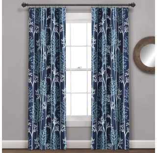 Navy Linear Tree Blackout Grommet Curtains